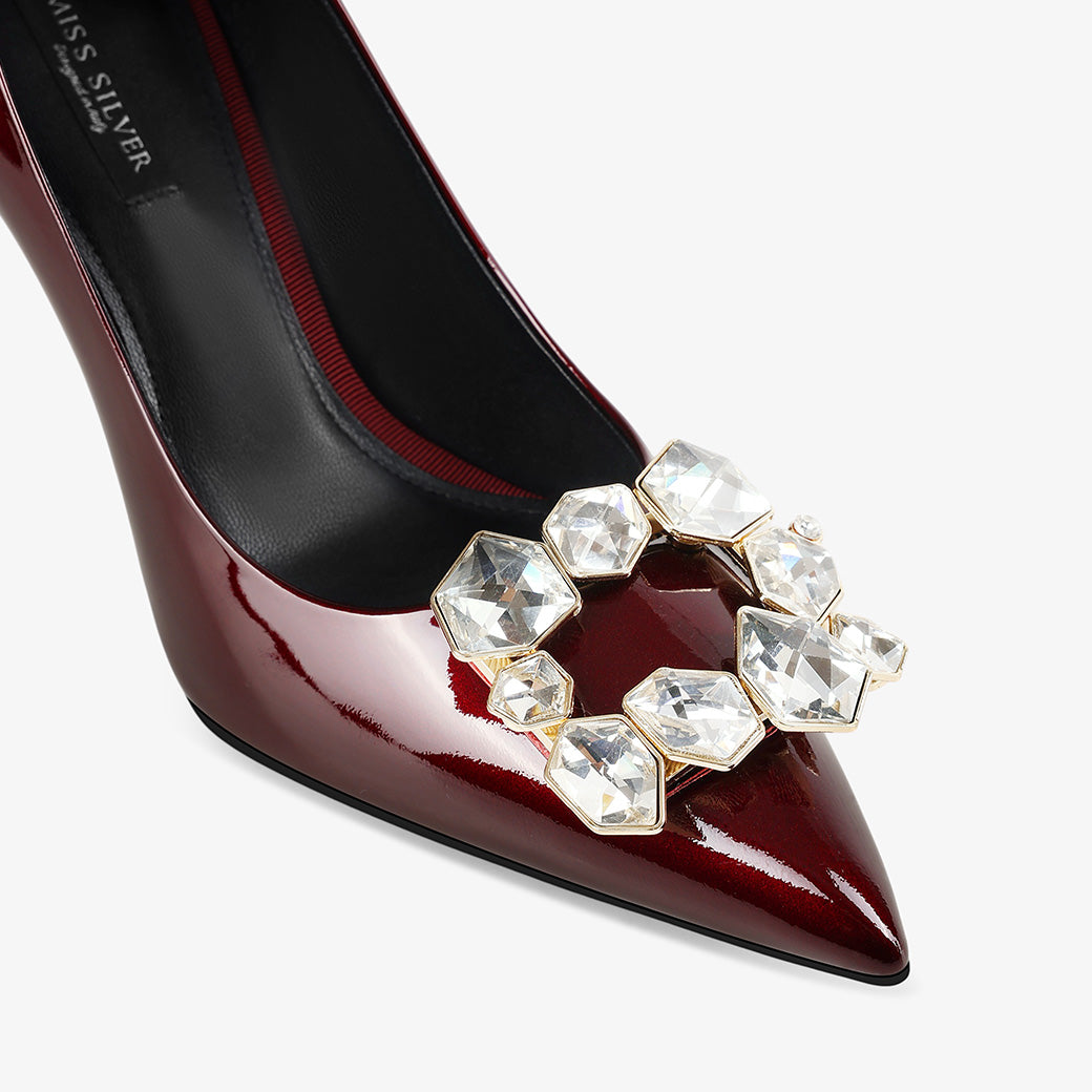 Crystal-Embellished Patent Leather Pointed-Toe Stiletto Pumps