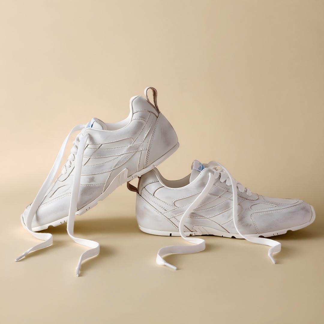Brushed White Apricot Cowhide Retro Running Sneakers