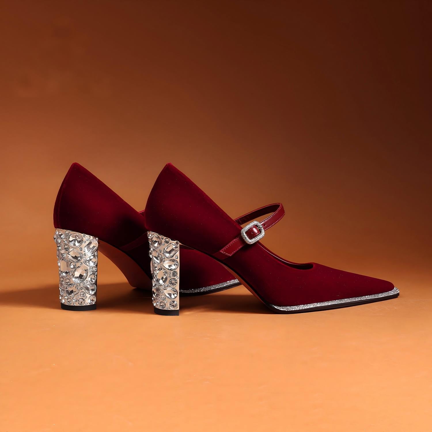 Burgundy Velvet Mary Jane Heels with Crystal