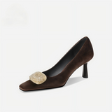 Chocolate Velvet Crystal Buckle Square Toe Kitten Heels