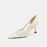 Ivory Lace Rhinestone Pointed Toe Bow Pumps