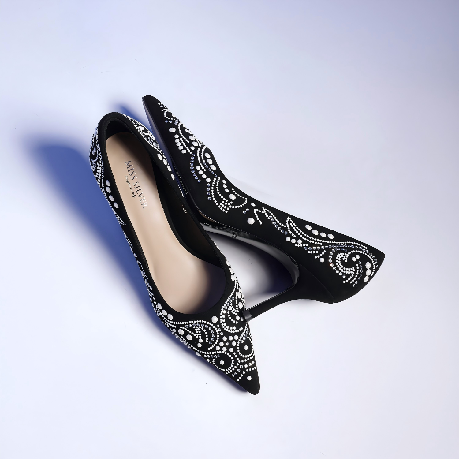 Black Suede Pointed-Toe Stiletto Pumps with Pearl