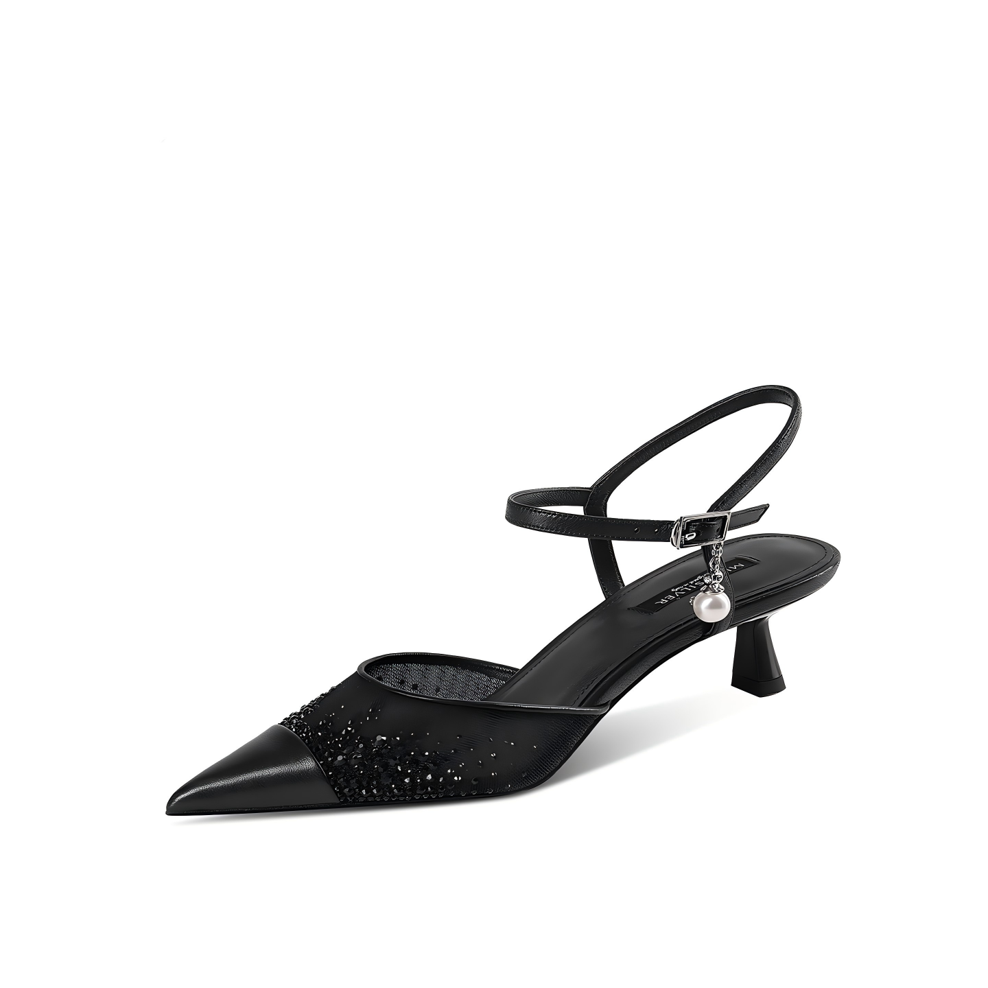 Black Sheer Mesh Rhinestone Pointed Toe Kitten Heel Ankle Strap Sandals