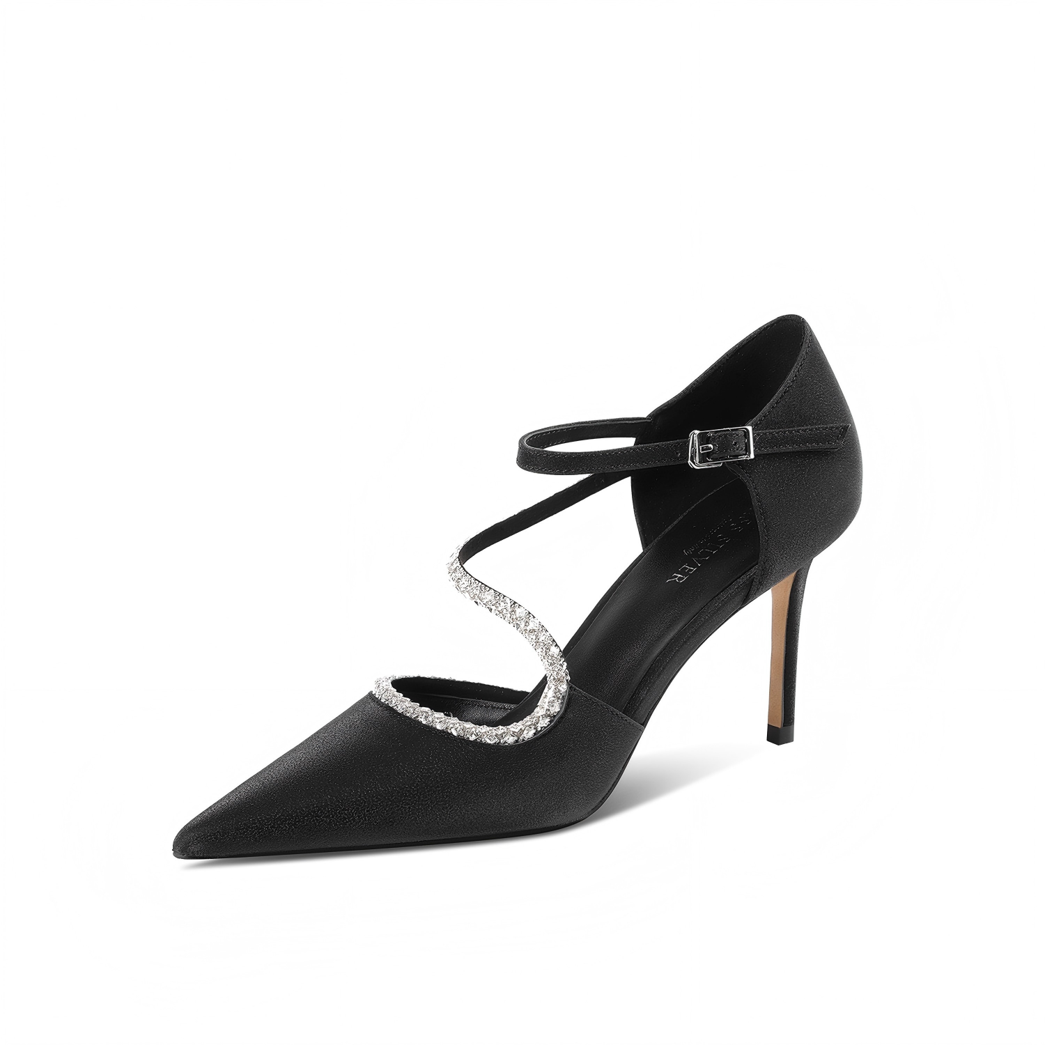 Black Satin Rhinestone Ankle Strap Pumps