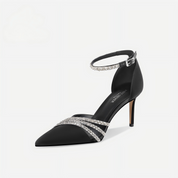 Black Satin Leather Crystal Ankle Strap Stiletto Heels