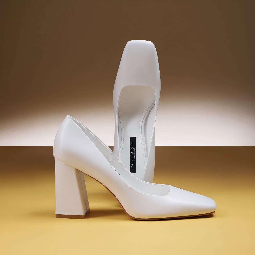 White Calfskin Square-Toe Block Heel Pumps