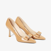 Nude Patent Leather Bow Pointed Toe Stiletto Pumps
