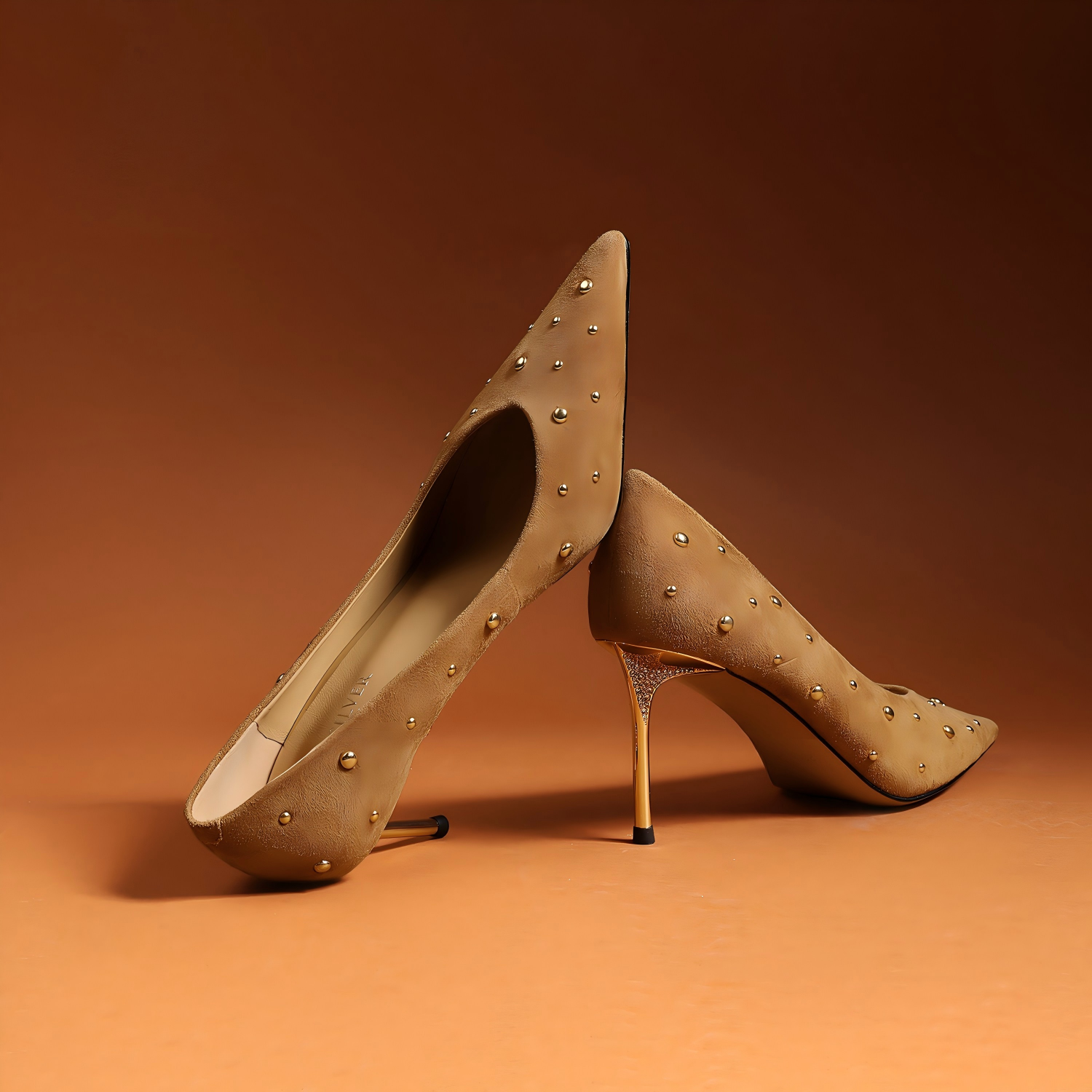 Tan Suede Studded Pointed-Toe Stiletto Pumps