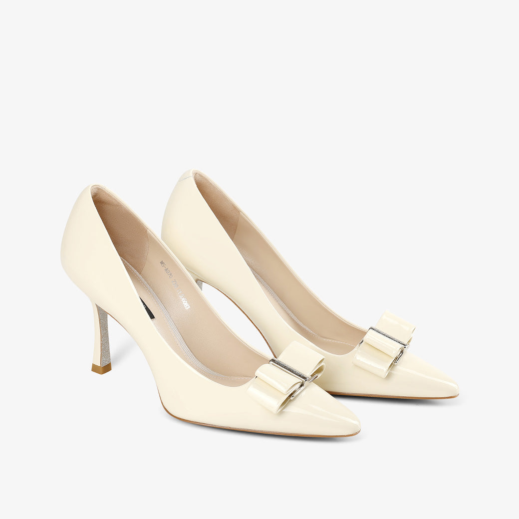 White Patent Leather Pointed Toe Stiletto Heels with Bow
