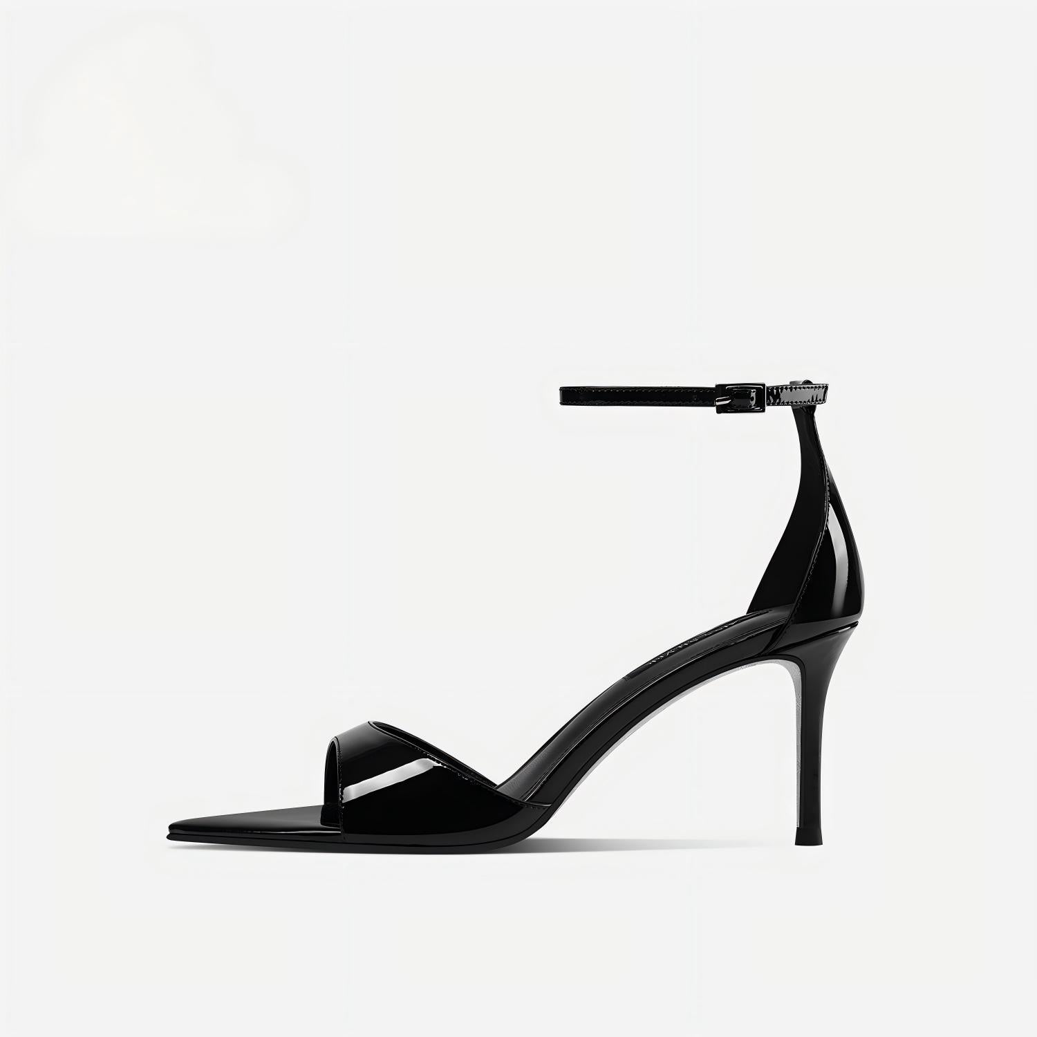 Black Patent Open-Toe Pointed Ankle Strap Stilettos