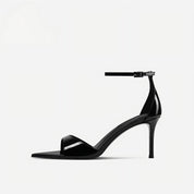Black Patent Open-Toe Pointed Ankle Strap Stilettos