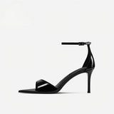 Black Patent Open-Toe Pointed Ankle Strap Stilettos