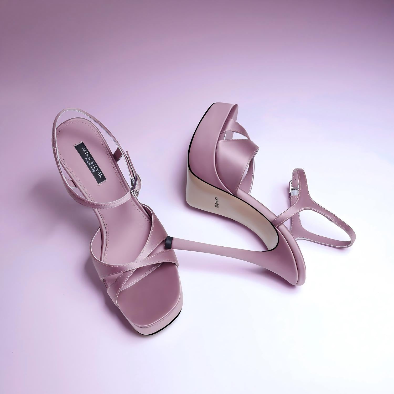 Pink Satin Platform Ankle Strap Stiletto Heel Sandals