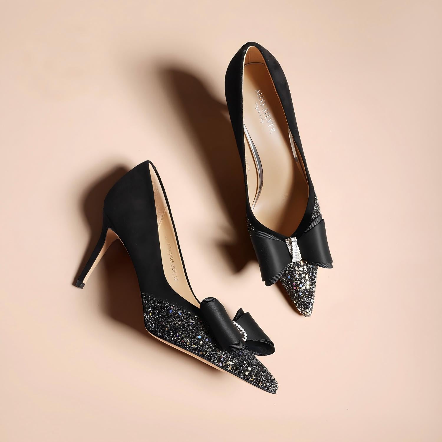 Black Glitter Pointed-Toe Stiletto Pumps
