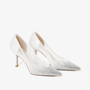 White Sheer Mesh Ombre Rhinestone Pointed Toe Stiletto Pumps