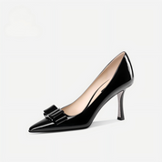Sleek Black Stiletto Pumps in Patent Leather with Bow Detail
