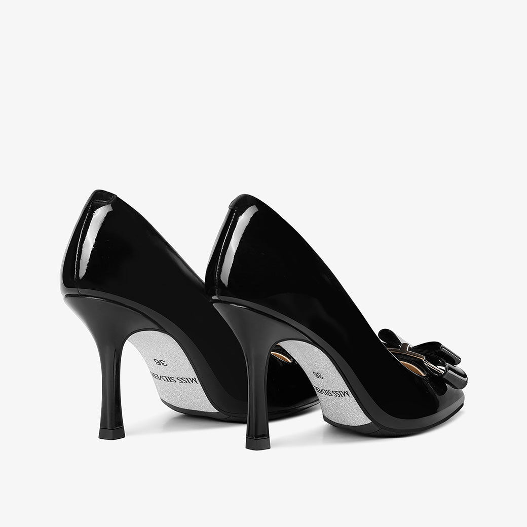 Sleek Black Stiletto Pumps in Patent Leather with Bow Detail