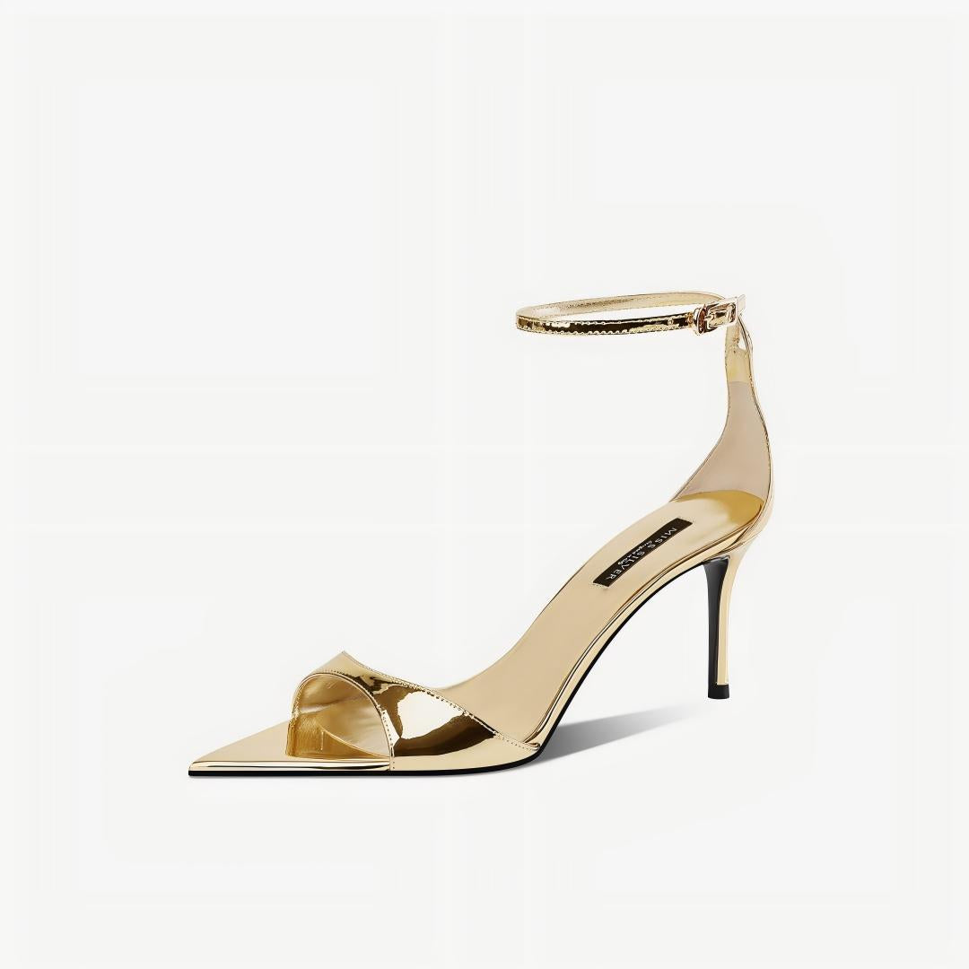 Metallic Gold Pointed Toe Ankle Strap Pumps