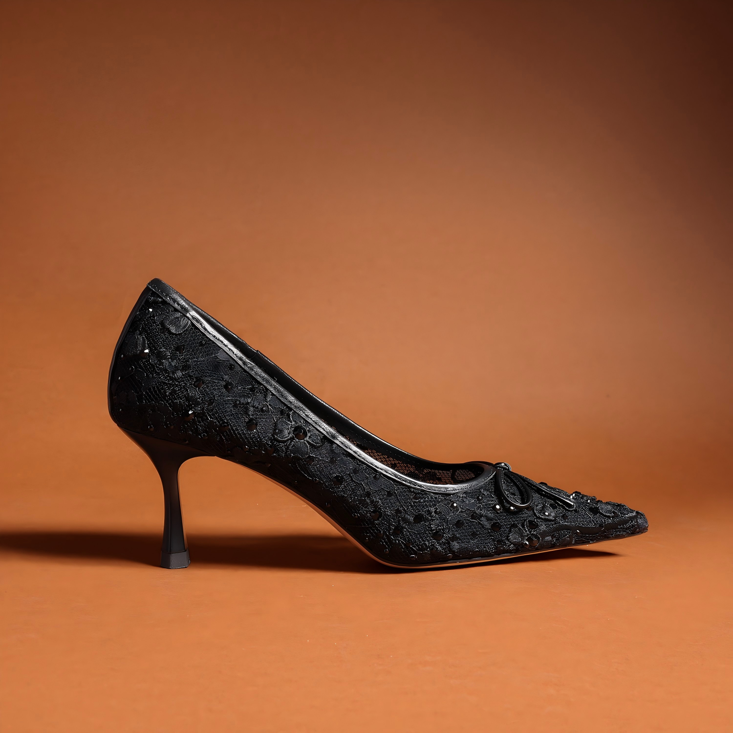 Black Lace Rhinestone Pointed Toe Bow Pumps