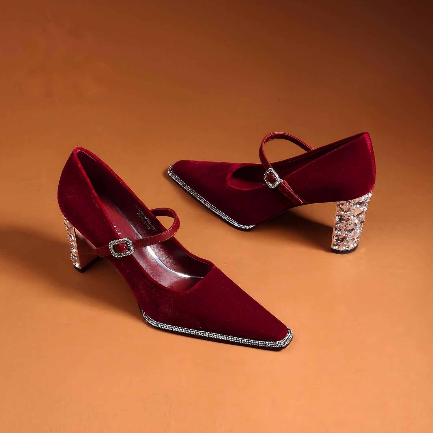 Burgundy Velvet Mary Jane Heels with Crystal