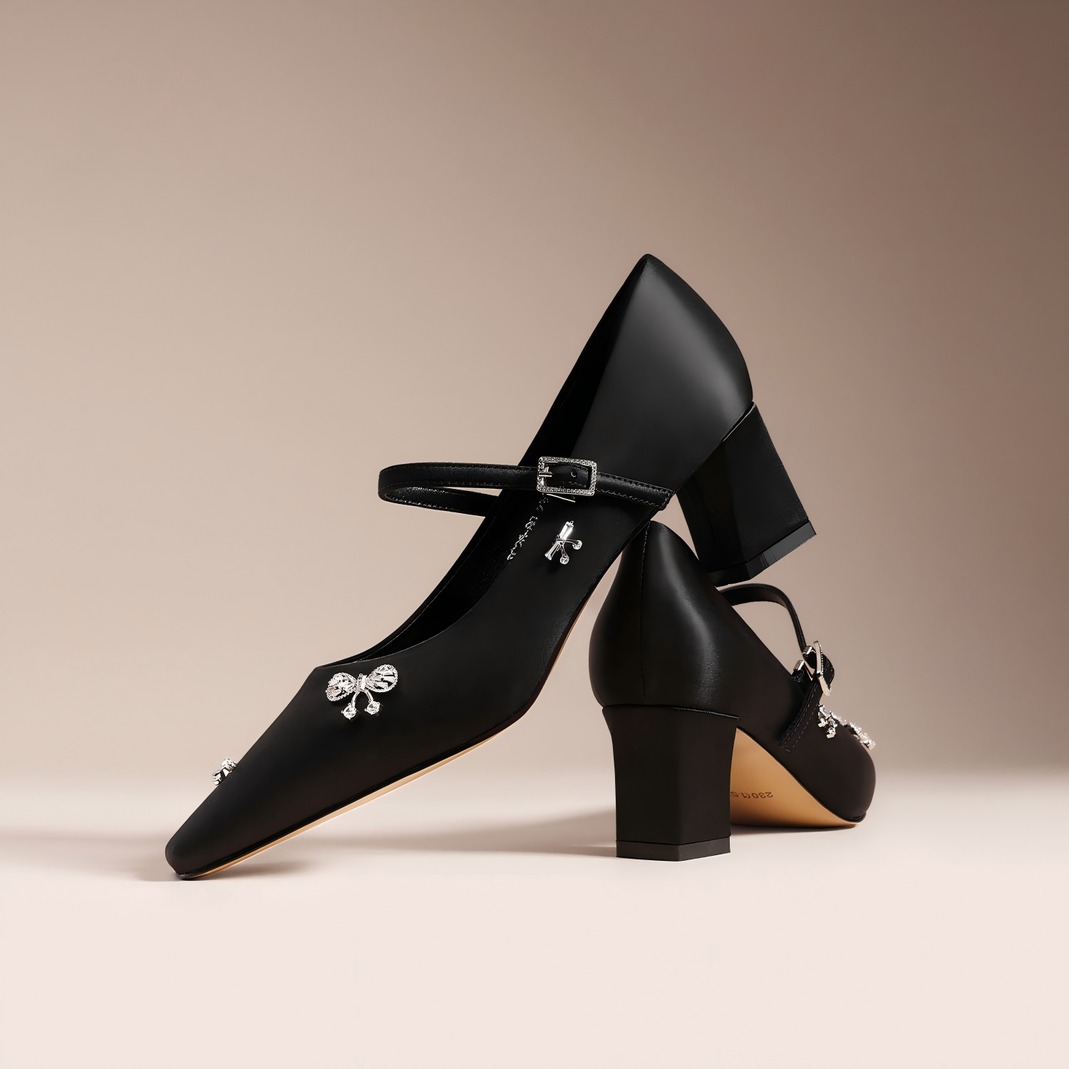 Black Satin Calf Leather Block Heel Dress Pumps