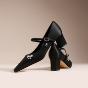 Black Satin Calf Leather Block Heel Dress Pumps