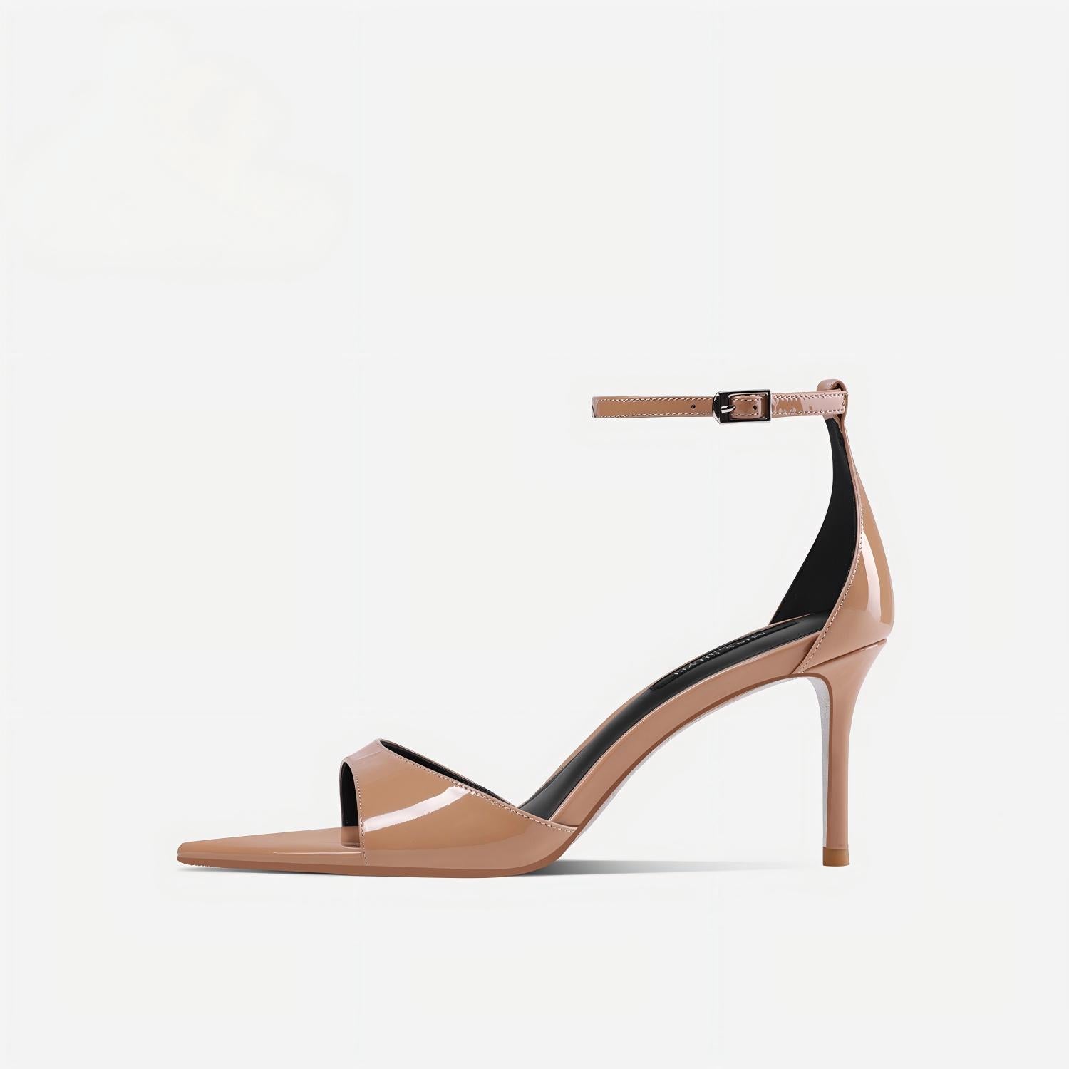 Nude Patent Leather Open-Toe Pointed Toe Ankle Strap Stiletto Heels