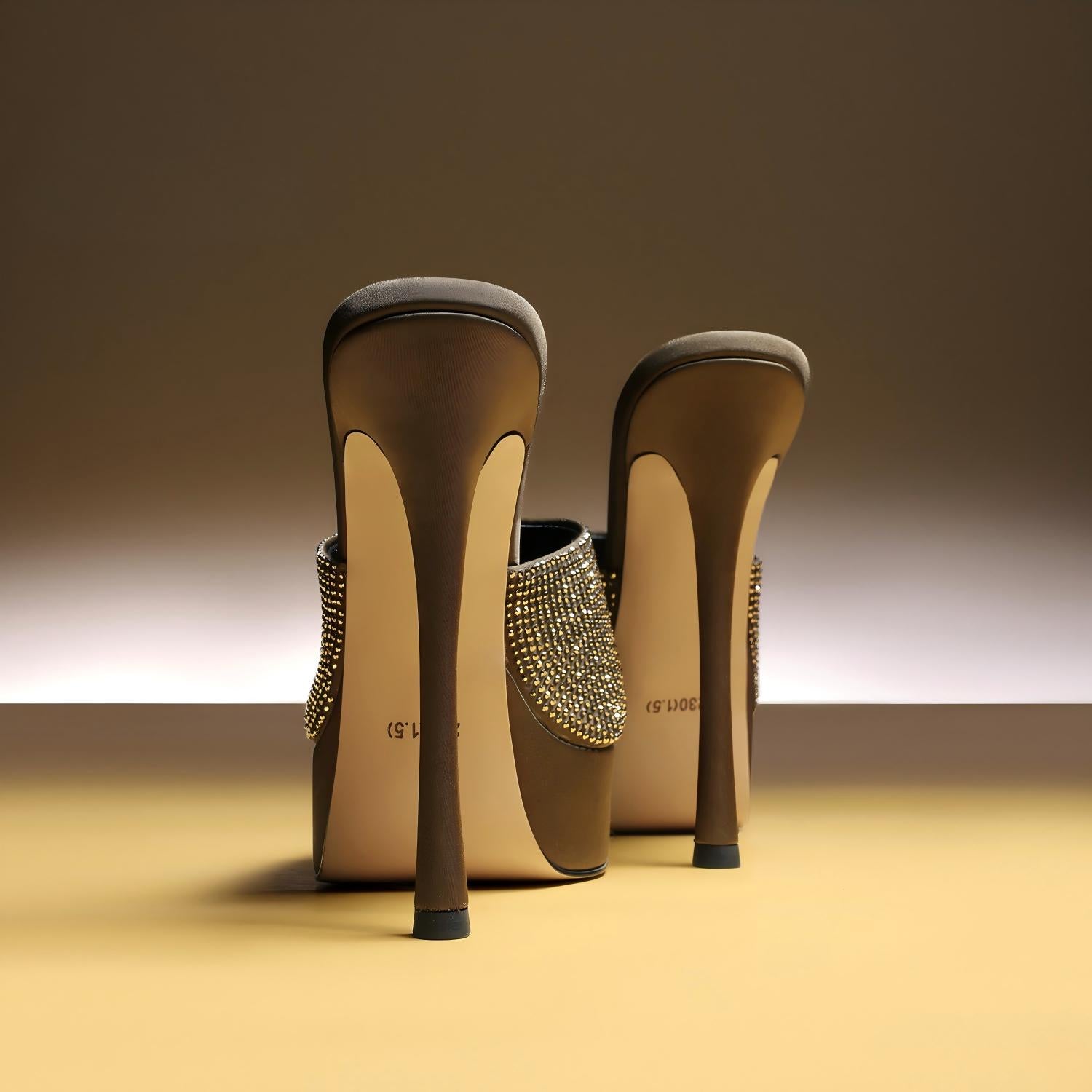 Army Green Rhinestone-Embellished Platform Stiletto Mules