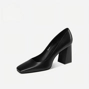 Black Calfskin Square-Toe Block Heel Pumps