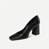 Black Calfskin Square-Toe Block Heel Pumps