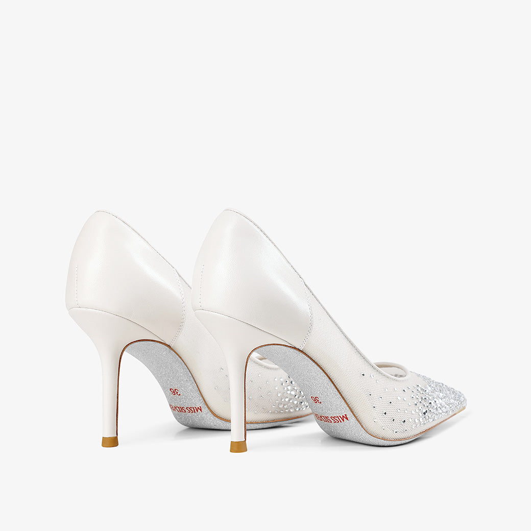 White Sheer Mesh Ombre Rhinestone Pointed Toe Stiletto Pumps