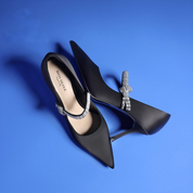 Black Satin Pointed-Toe Mary Jane Stiletto Pumps with Crystal Bow Strap