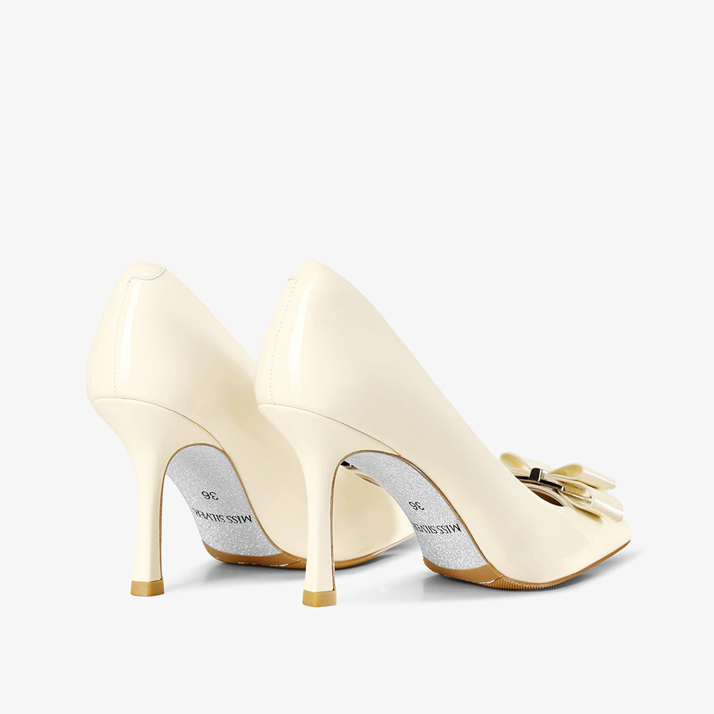 White Patent Leather Pointed Toe Stiletto Heels with Bow