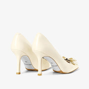 White Patent Leather Pointed Toe Stiletto Heels with Bow