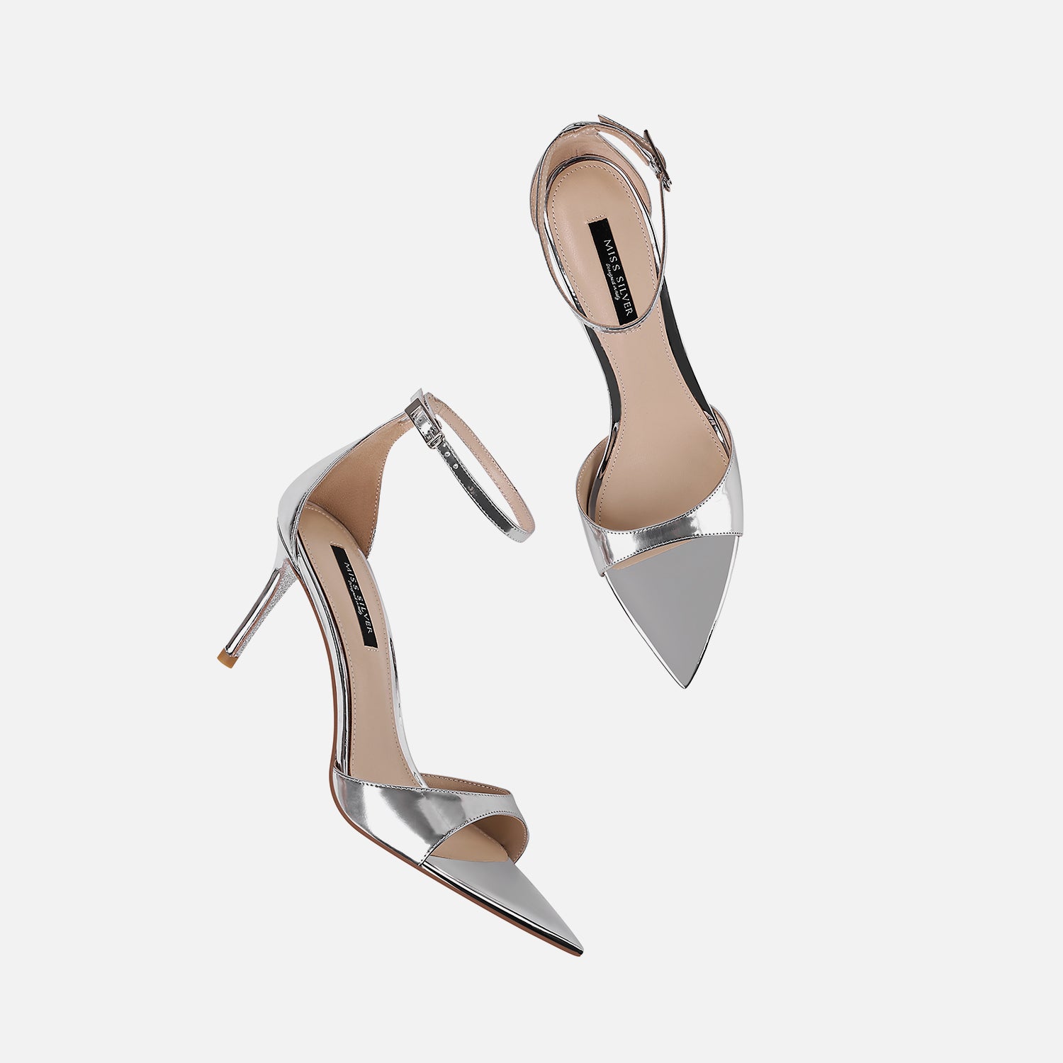 Silver Mirror Finish Ankle Strap Pumps