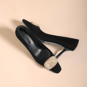 Black Velvet Crystal Buckle Square Toe Kitten Heels