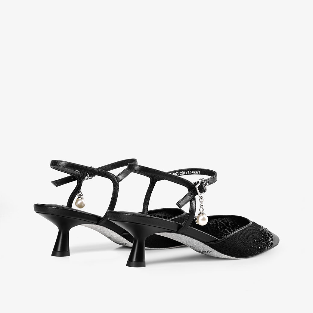 Black Sheer Mesh Rhinestone Pointed Toe Kitten Heel Ankle Strap Sandals