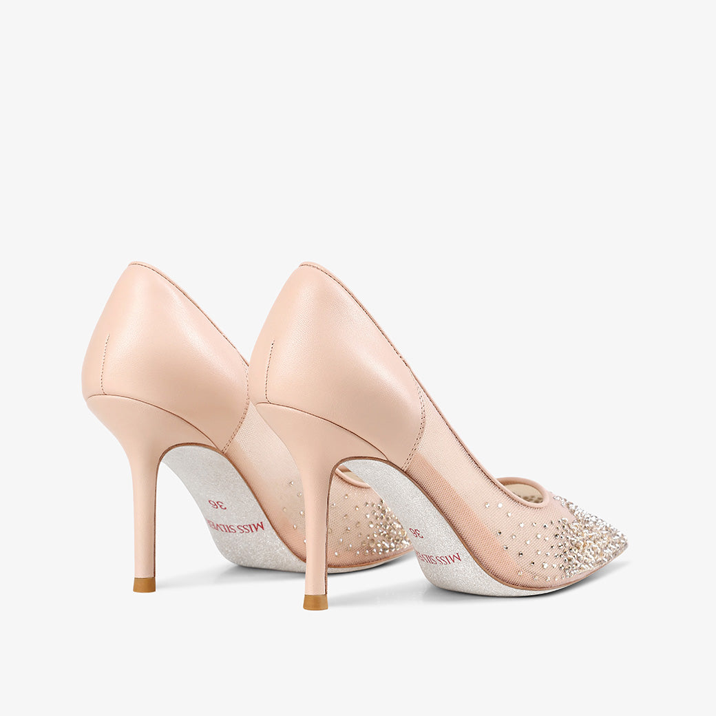 Pink Sheer Mesh Rhinestone Pointed Toe Stiletto Bridal Pumps