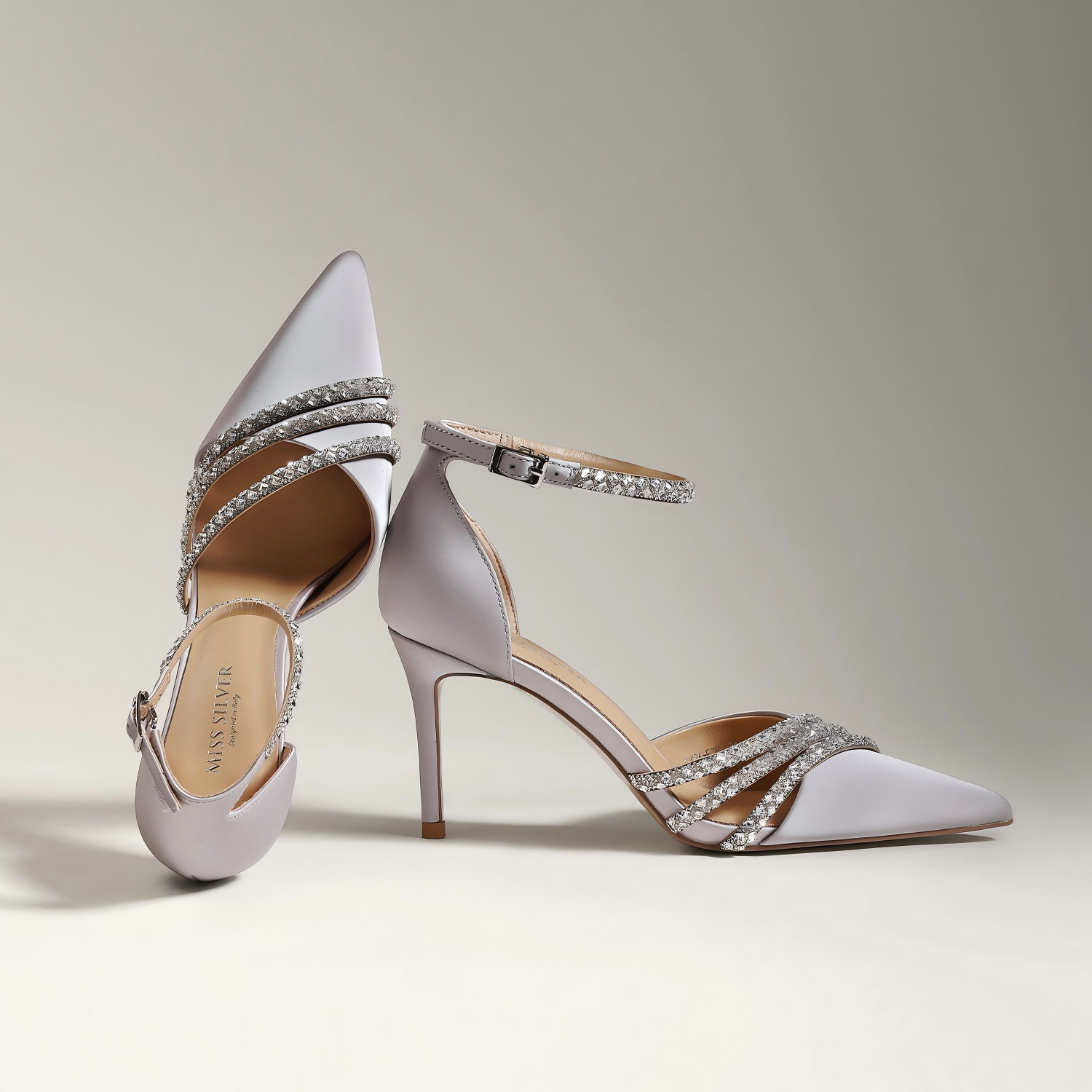 Lilac Satin Leather Crystal Ankle Strap Stiletto Heels