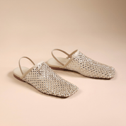 Beige Crystal Mesh Square-Toe Mules
