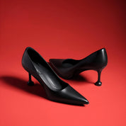 Black Leather Flared/Fluted Heel Pointed Toe Pumps