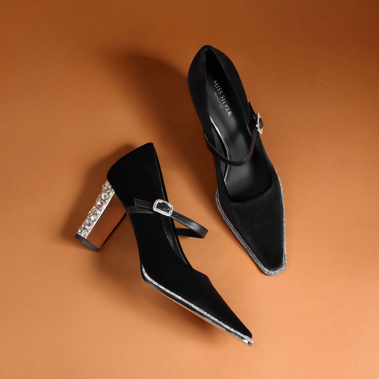 Black Velvet Mary Jane Pumps with Crystal Embellishments