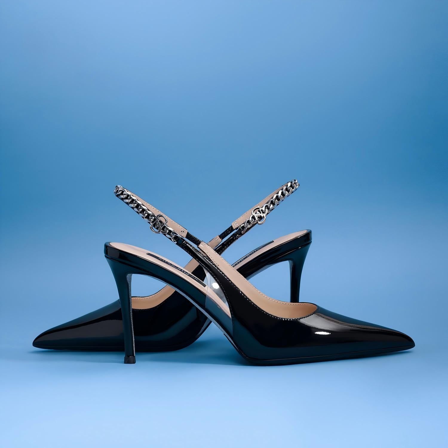 Black Patent Leather Pointed Toe Slingback Pumps