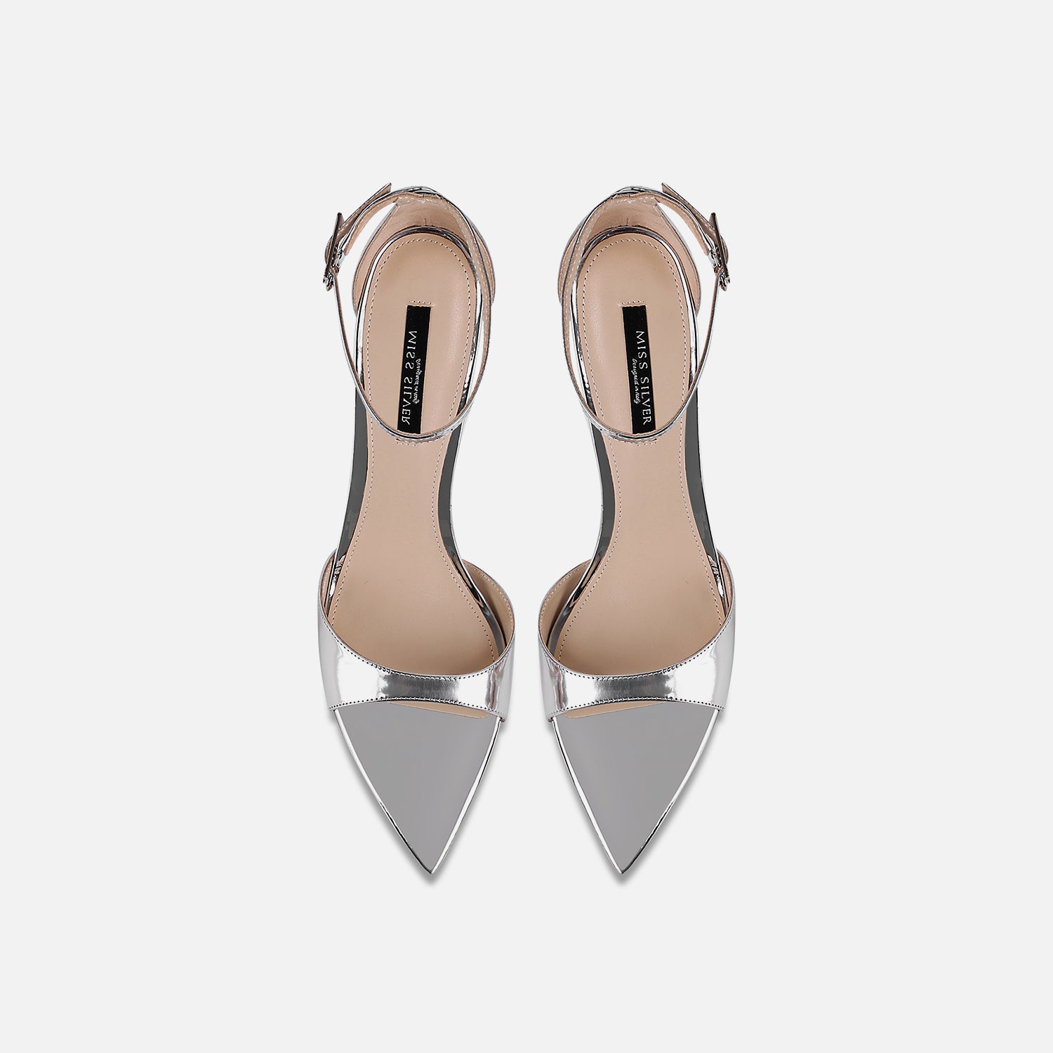 Silver Mirror Finish Ankle Strap Pumps