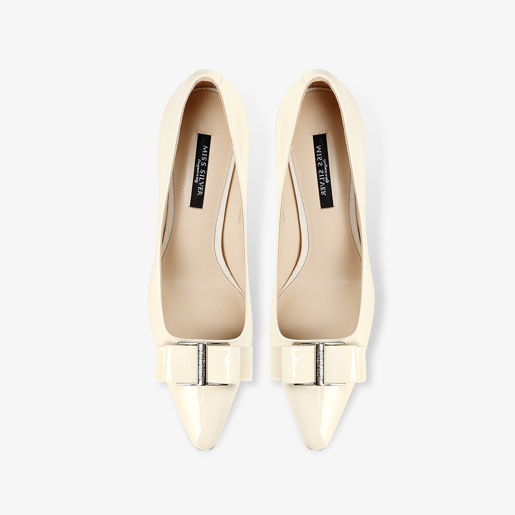 White Patent Leather Pointed Toe Stiletto Heels with Bow