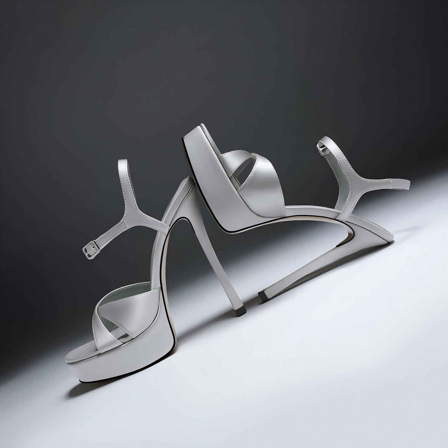 Silver Grey Satin Platform Ankle Strap Stiletto Heel Sandals