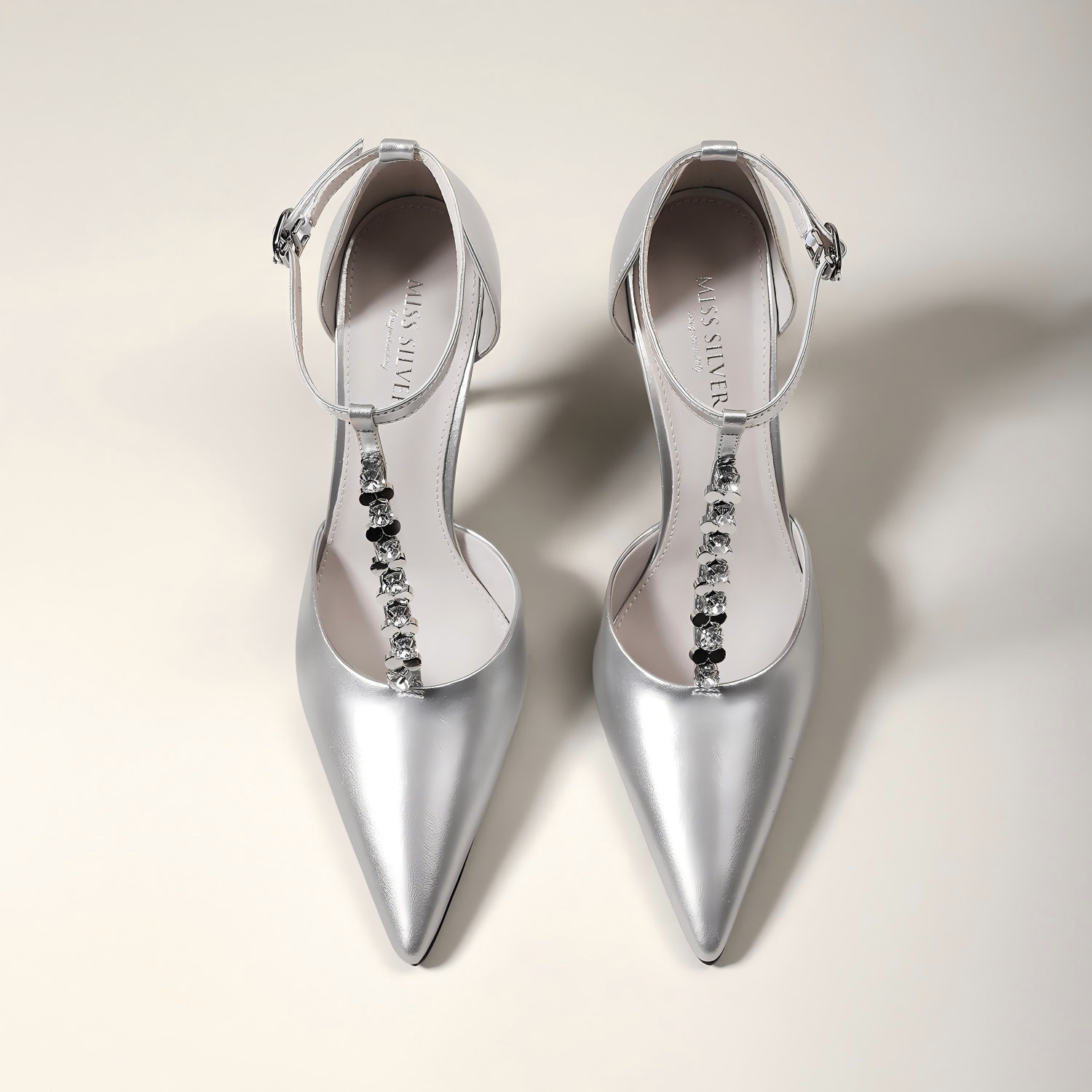 Silver Rhinestone T-Strap Pointed-Toe Stiletto Pumps