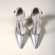 Silver Rhinestone T-Strap Pointed-Toe Stiletto Pumps