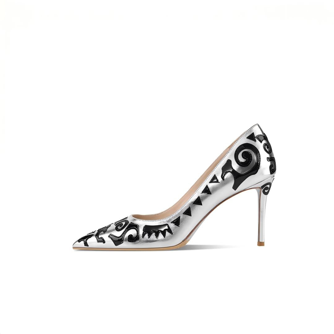 Silver Metallic Pumps with Black Abstract
