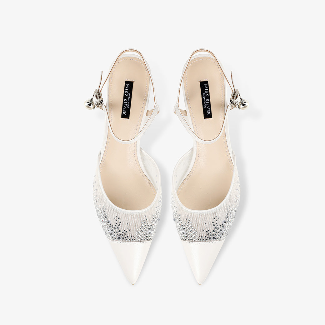 Pointed-Toe Rhinestone Mesh Slingback Heels